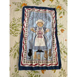 Vintage Linen Kitchen Towel With Folk Art Chef & Cats Design In Red/Blue/White